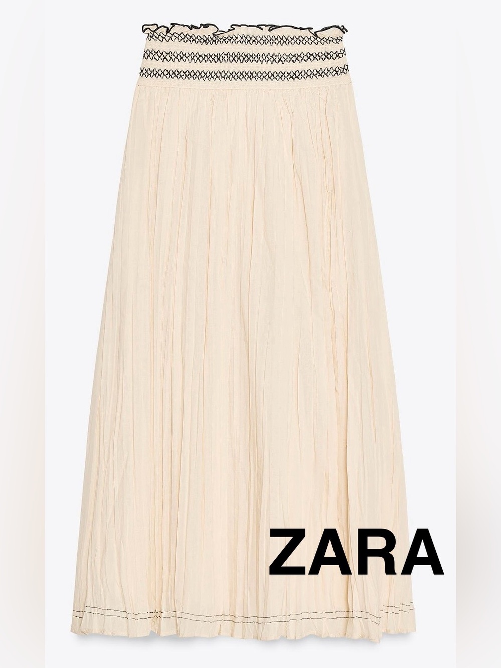 ZARA Women’s Cream Smocked Contrast Waist Midi Skirt - Size L - NEW
